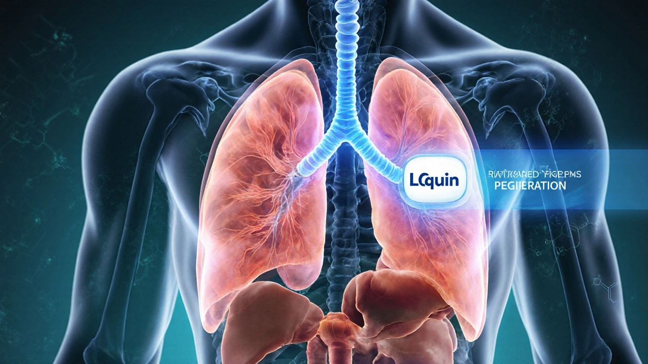 Anatomical view of lungs with glowing pathway from a levofloxacin tablet showing lung penetration.