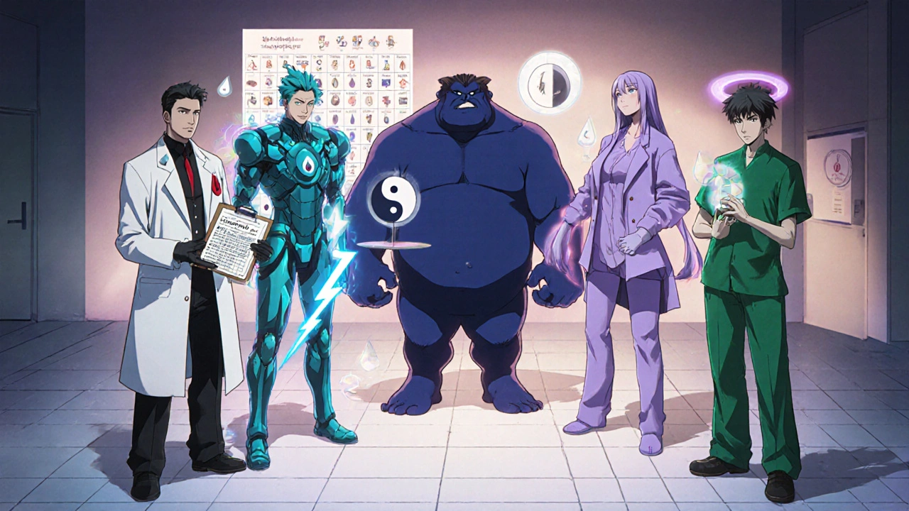 Anime characters personifying five antipsychotic drugs with symbolic attributes.