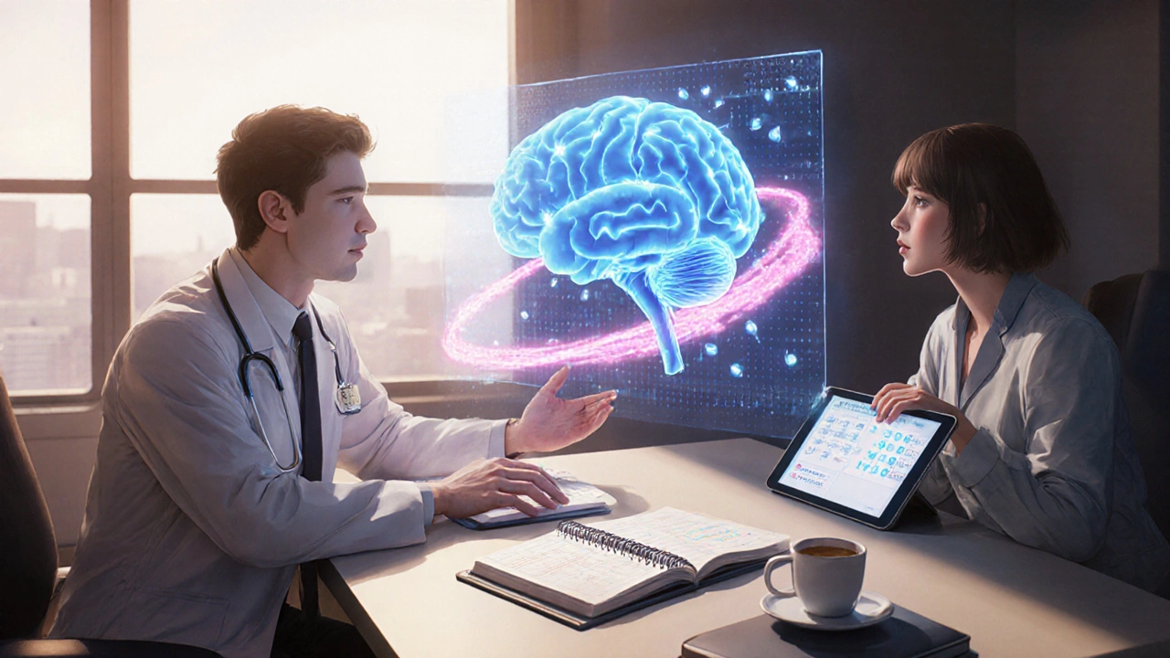 Anime depiction of a doctor showing a holographic brain with MAO‑B inhibition and gene‑therapy vectors.