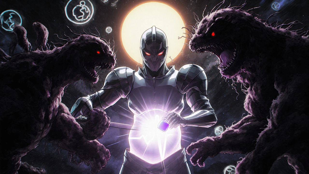 Armored secnidazole capsule defeating harmful bacteria protecting a pregnant belly.