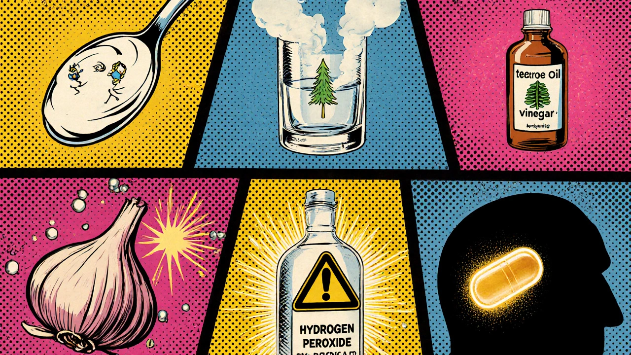 Comic‑book panel series showing yogurt, tea tree oil, apple cider vinegar, garlic, hydrogen peroxide, and boric acid as remedy icons.