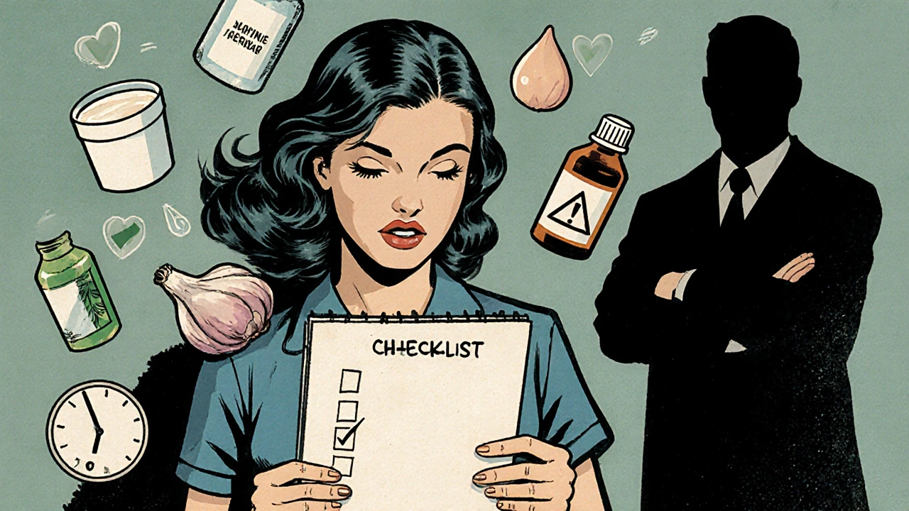 Comic‑book style heroine checking a symptom list with remedy icons and a doctor silhouette nearby.