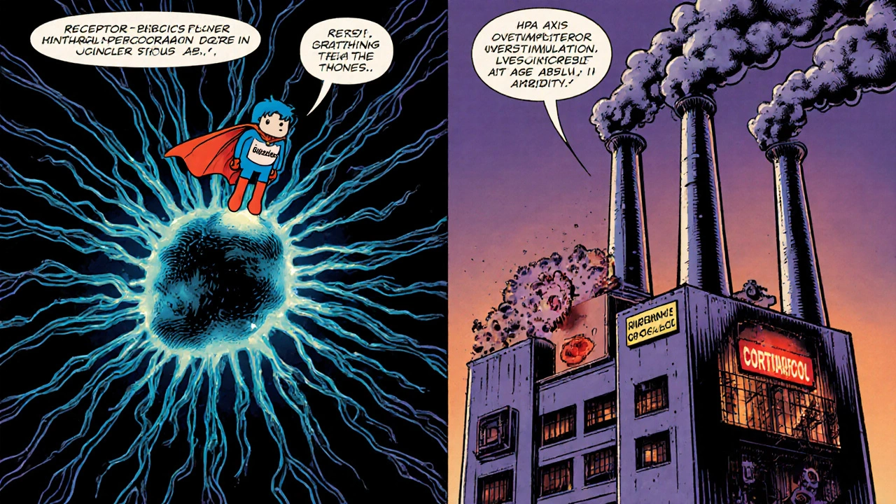 Comic illustration of budesonide molecule touching brain receptors and activating HPA axis.