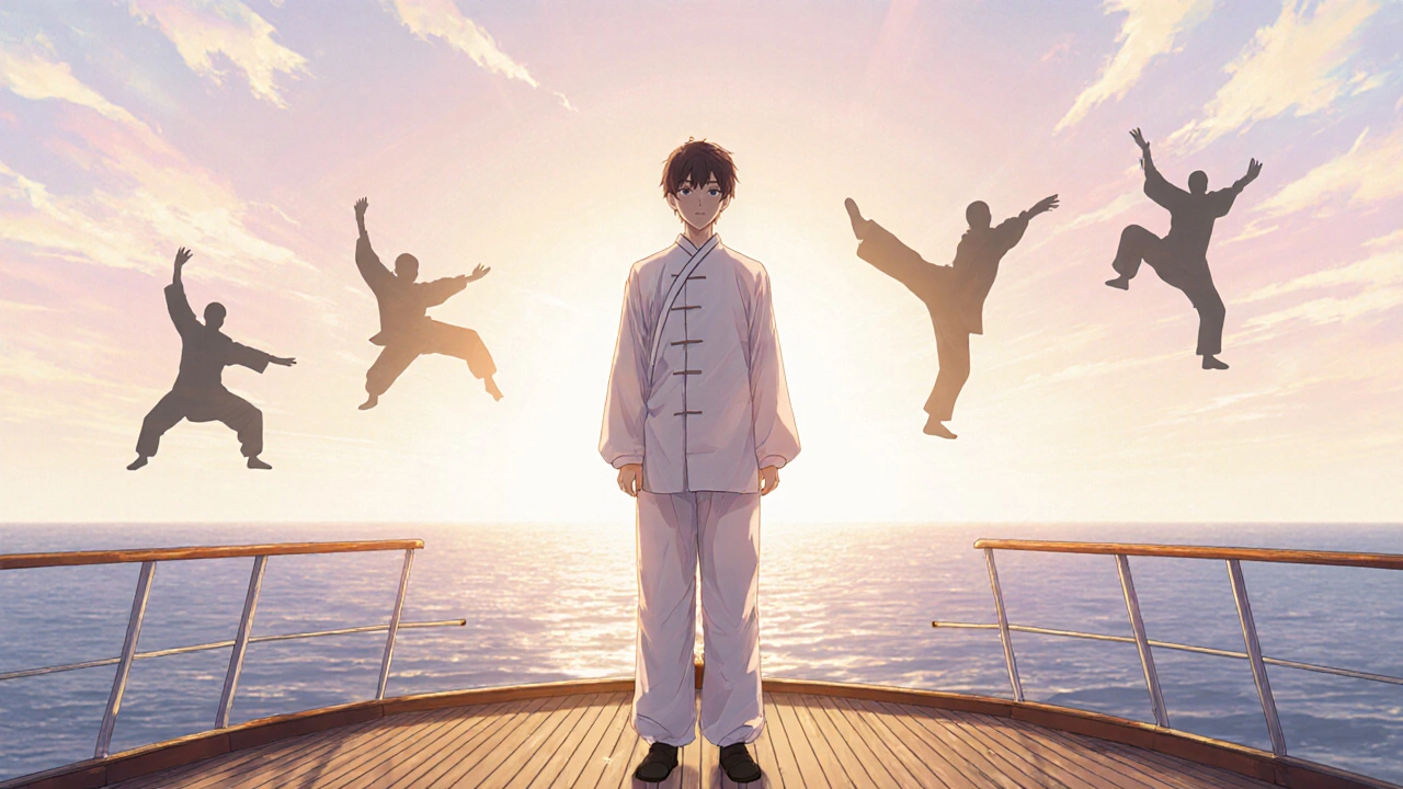 Confident individual standing steady on a boat after training, surrounded by calm aura.