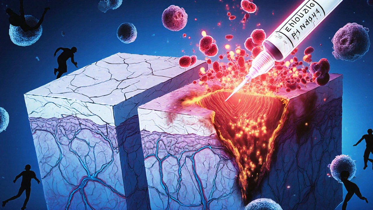 Cross-section of skin showing fluocinolone triggering bacterial growth in a burn wound.