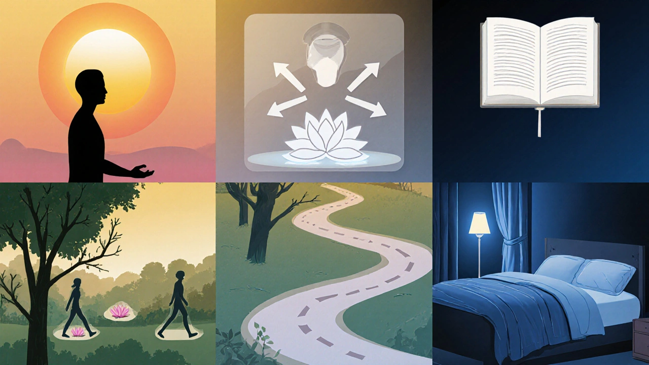 Daylong collage of stretch, breathing, meditation, walk, journaling, and bedtime.