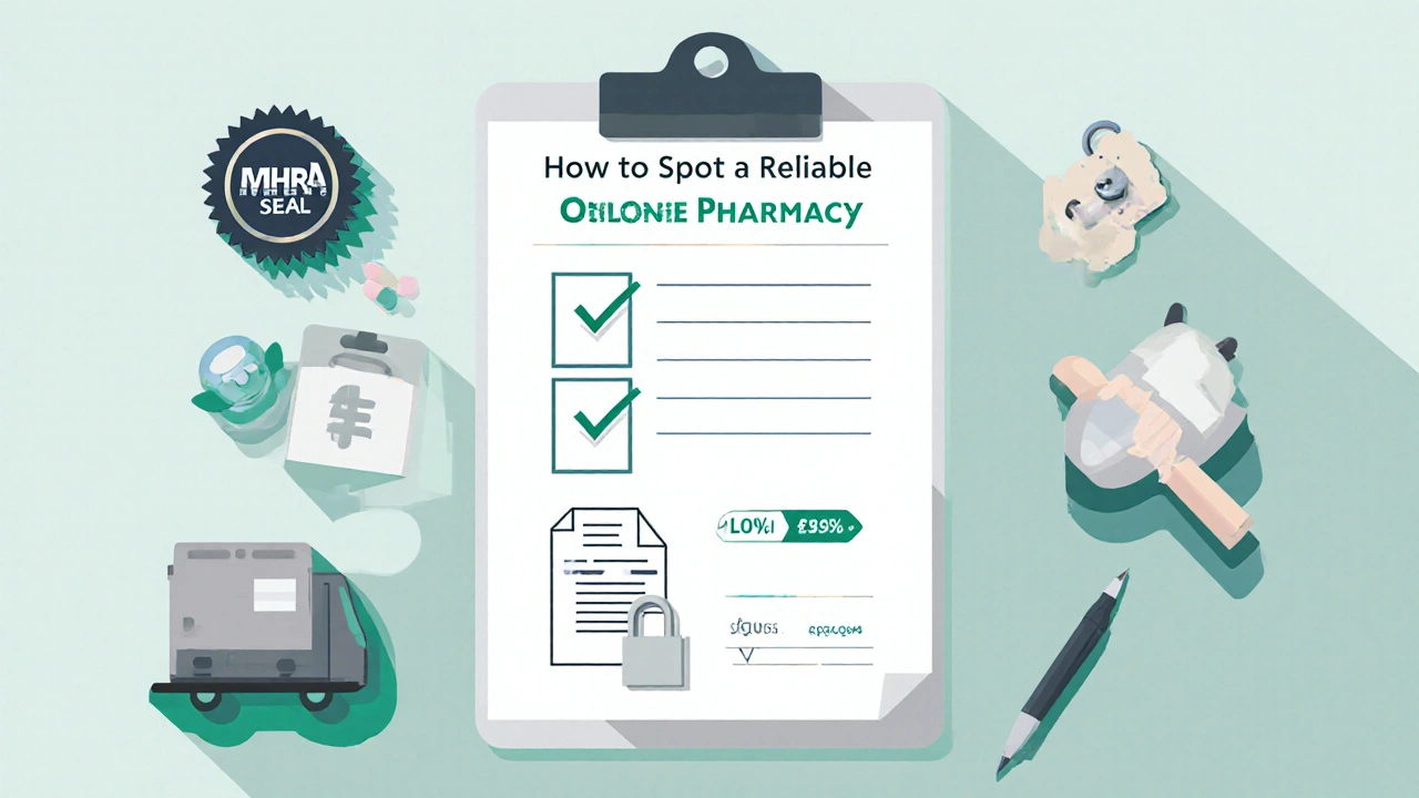 Desk checklist showing icons for MHRA seal, prescription, secure site, and shipping.