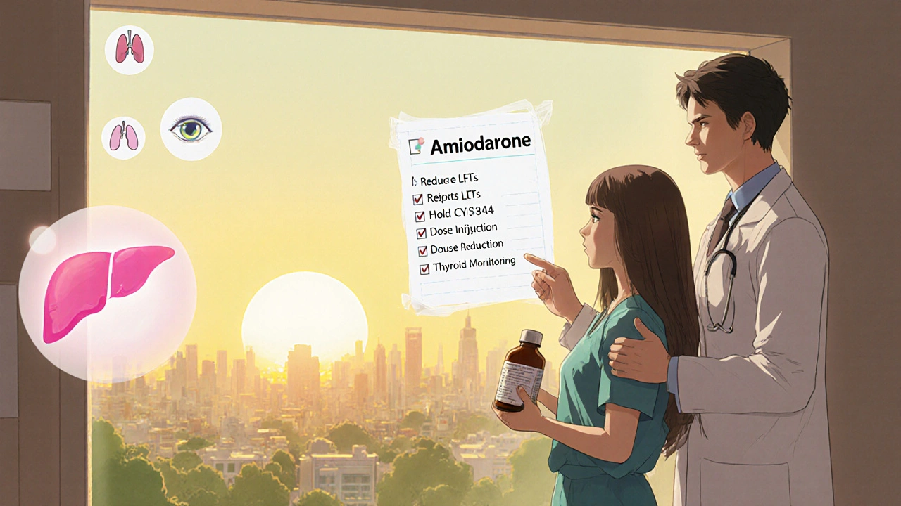 Doctor and patient stand by a sunrise, holding a reduced-dose pill bottle with a floating monitoring checklist.