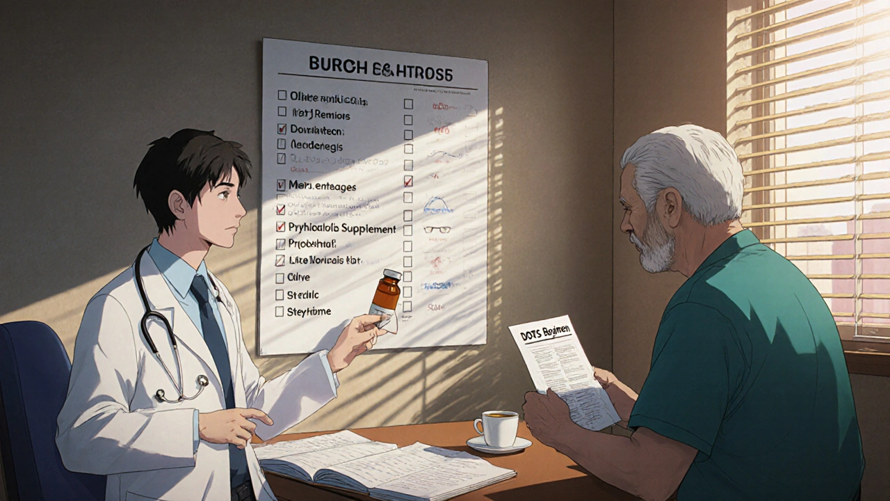 Doctor explains a treatment checklist to a patient in a sunlit clinic.