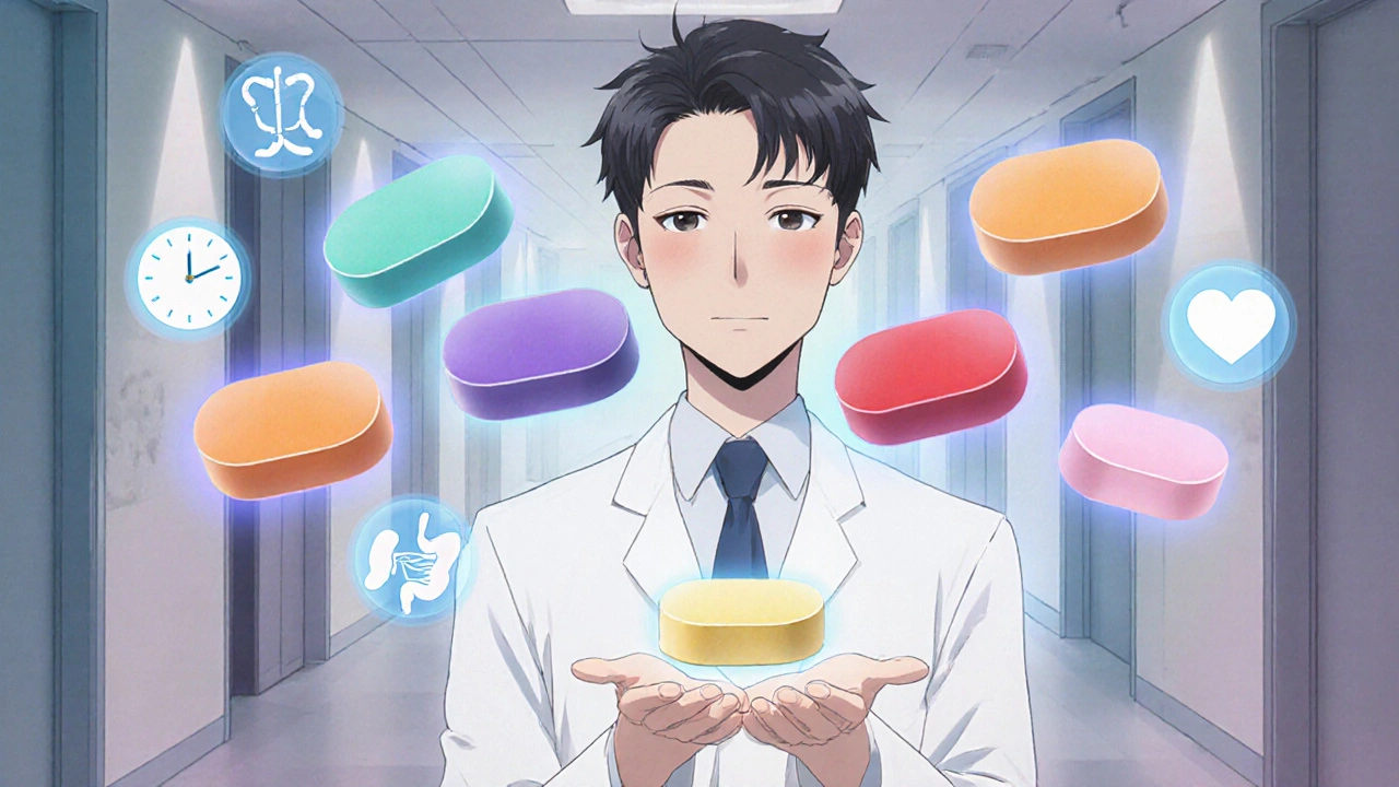 Doctor presenting floating tablets of six NSAIDs, each with colored aura and small risk icons.