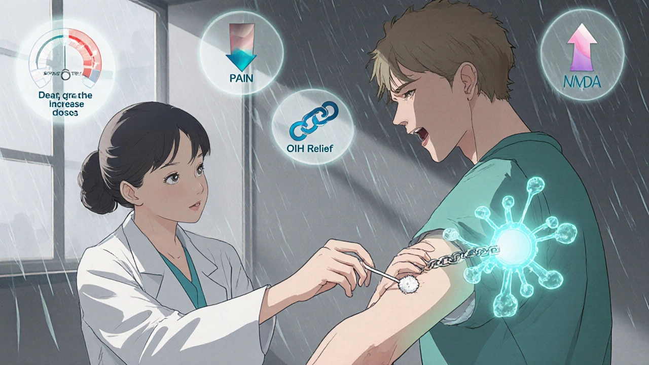 Doctor testing allodynia with cotton swab as pain icons and NMDA receptor glow surround the patient in clinical setting.