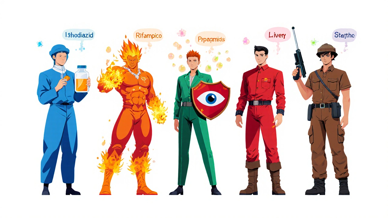 Five TB drug avatars display their colors and toxicity icons side by side.