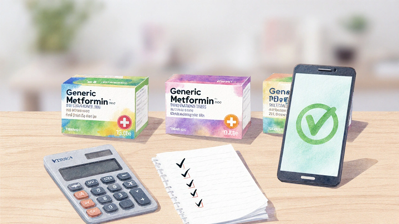 Flat lay of metformin boxes, calculator and notes for price comparison.
