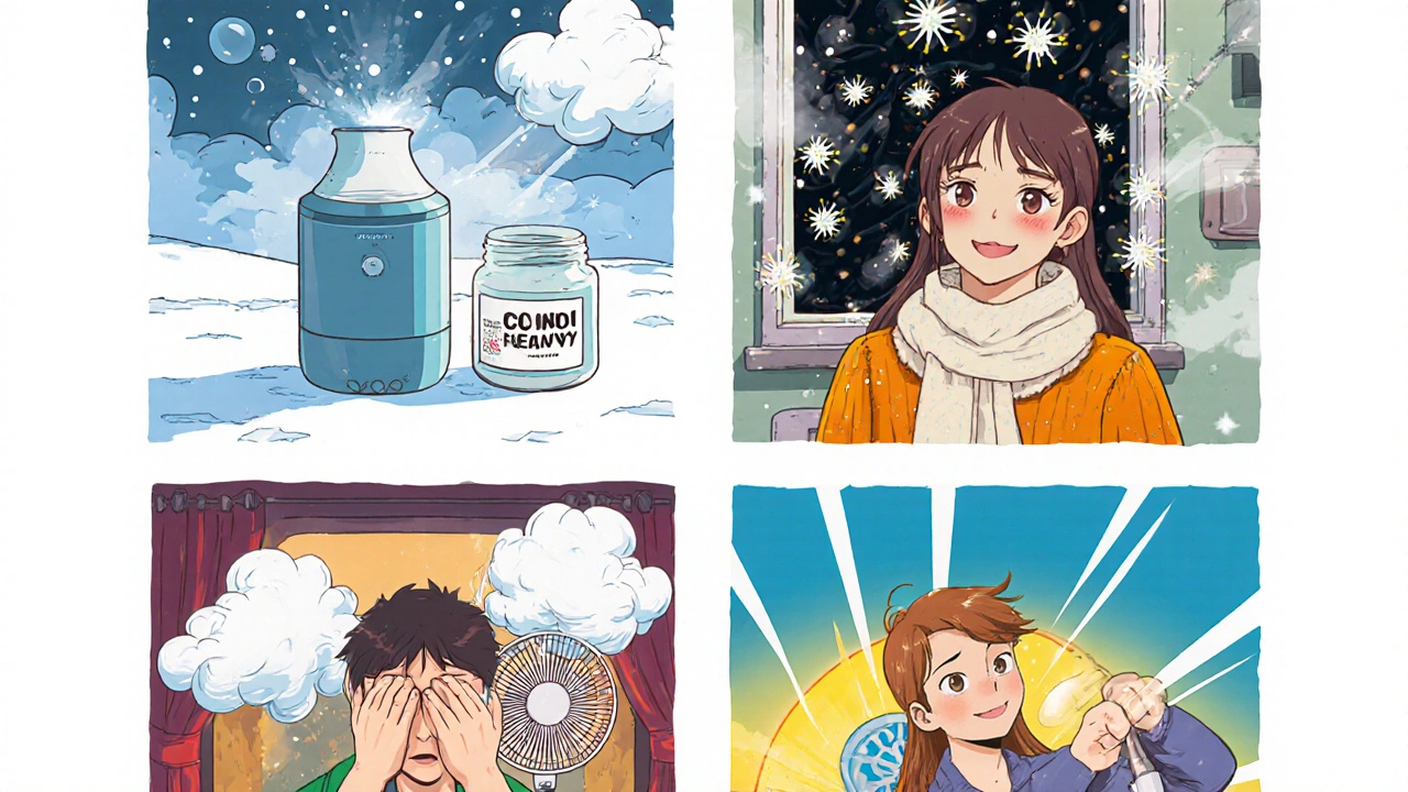 Four seasonal panels showing the teen dealing with winter humidity, spring pollen, summer sweat, and autumn dust.