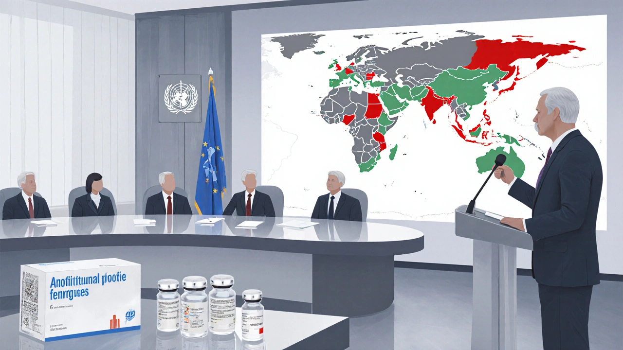 Government officials discuss vaccine stockpiles in a briefing room.