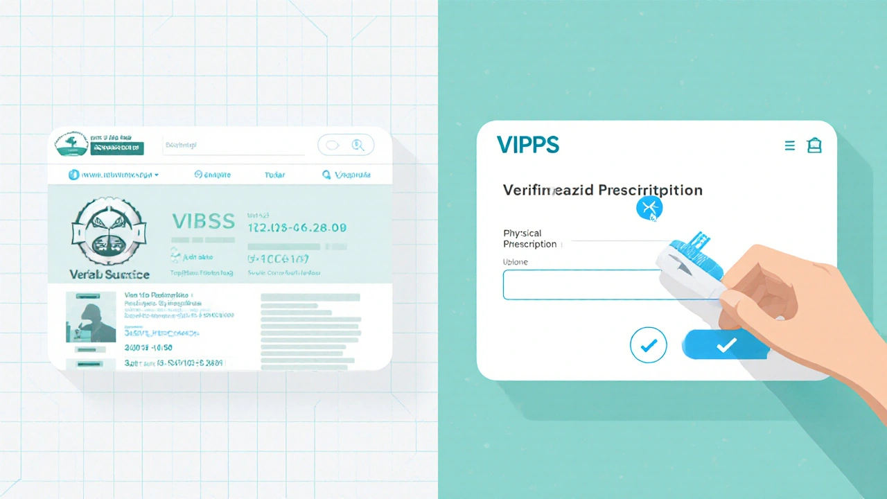 Hand uploading a scanned prescription to a trusted pharmacy website showing a VIPPS badge.