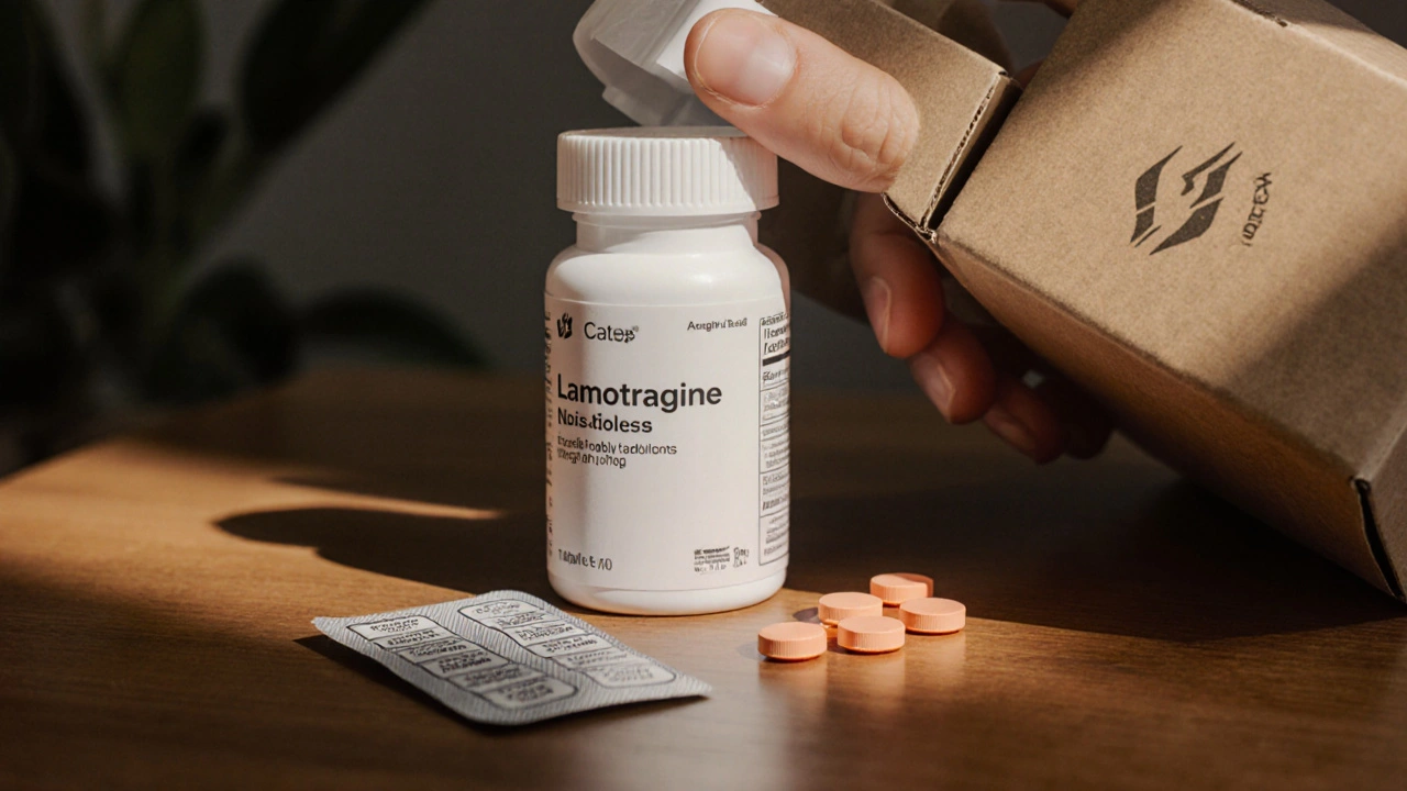 Hands opening a delivery box revealing a bottle of generic lamotrigine pills.