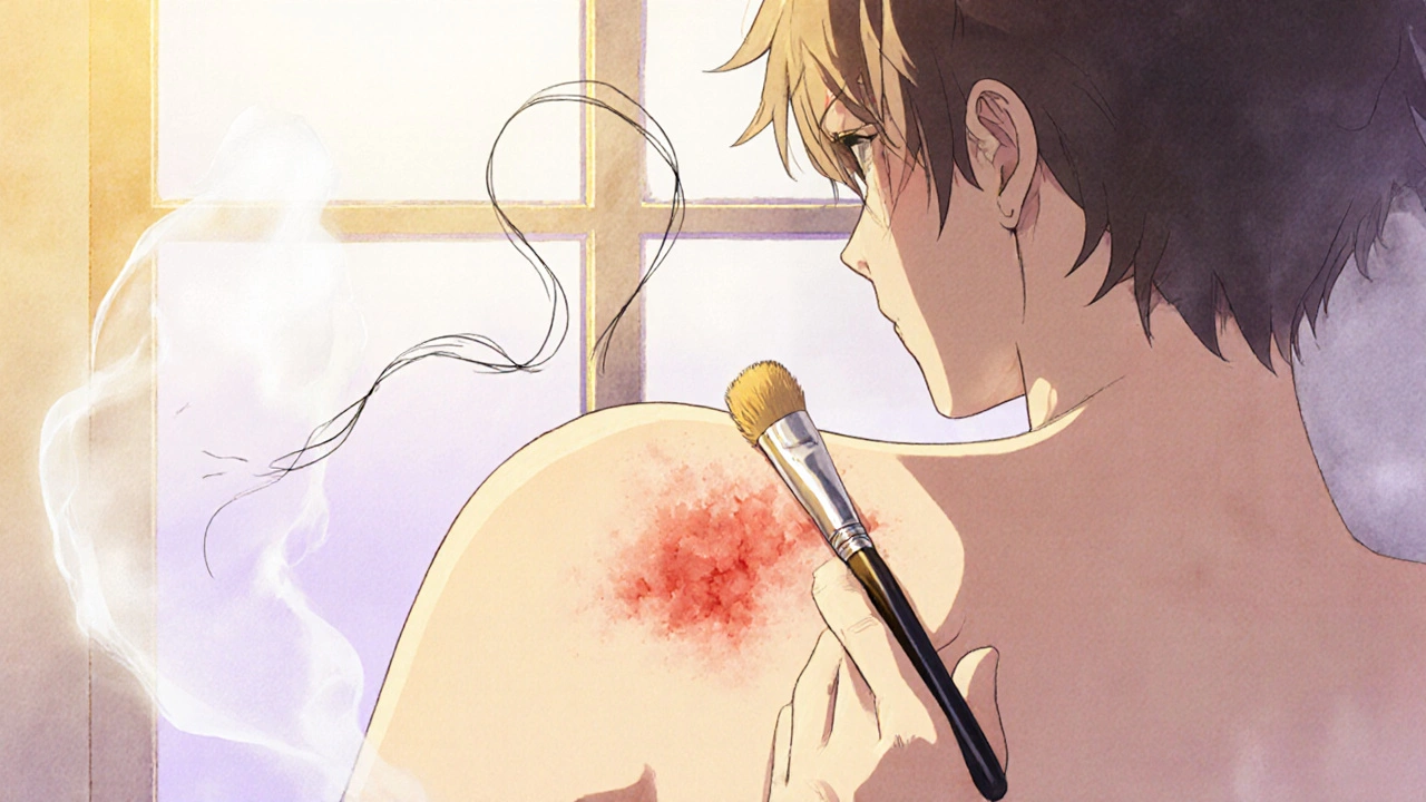 Healed burn scar being treated with gentle cream under soft sunlight.