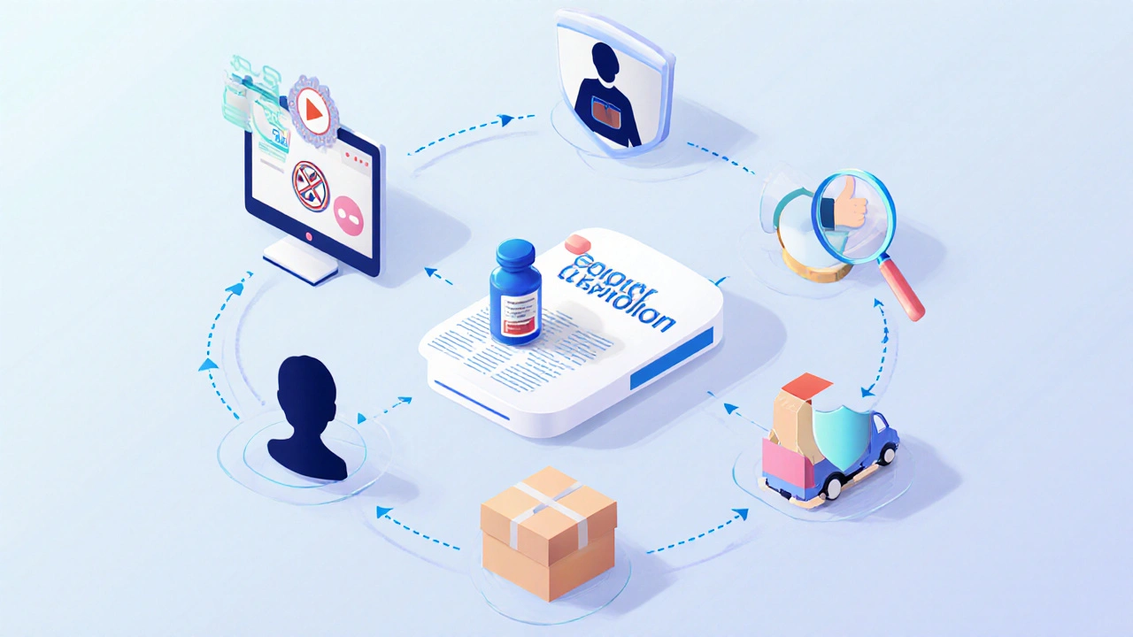 Isometric flow of icons illustrating safe steps to order generic bupropion.