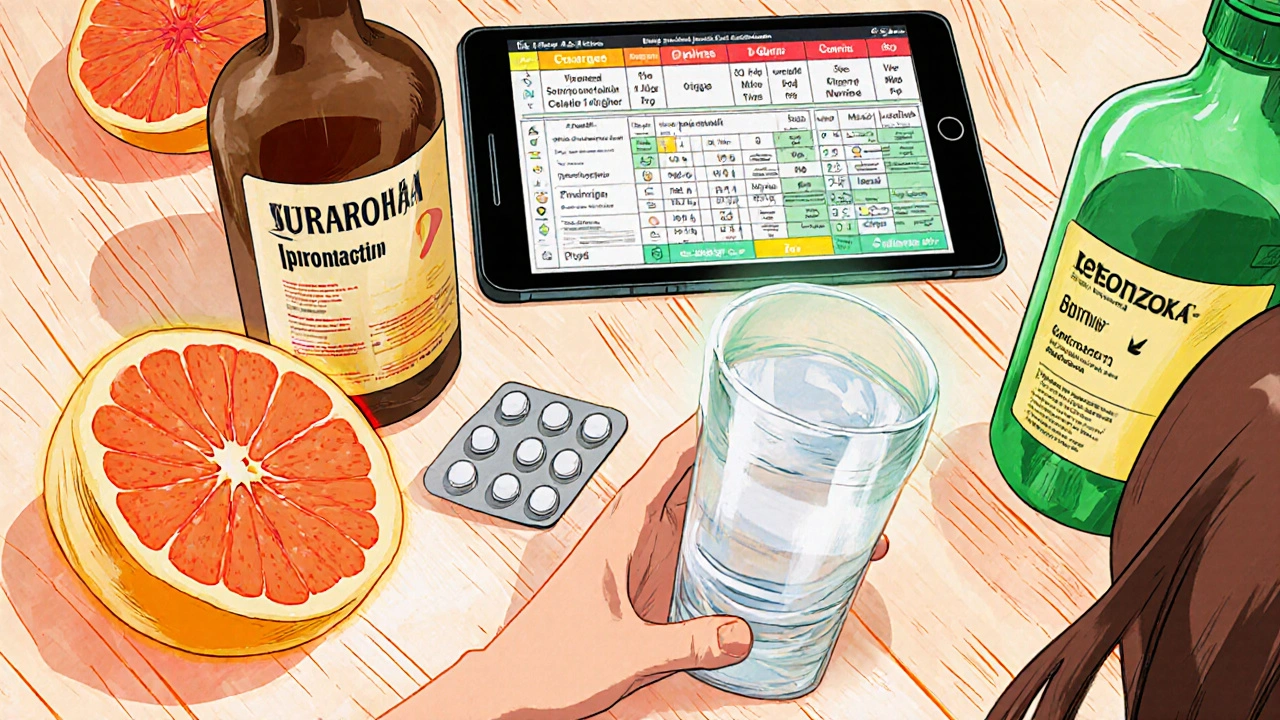 Kitchen table showing grapefruit, ibuprofen, spironolactone, and other interaction items.