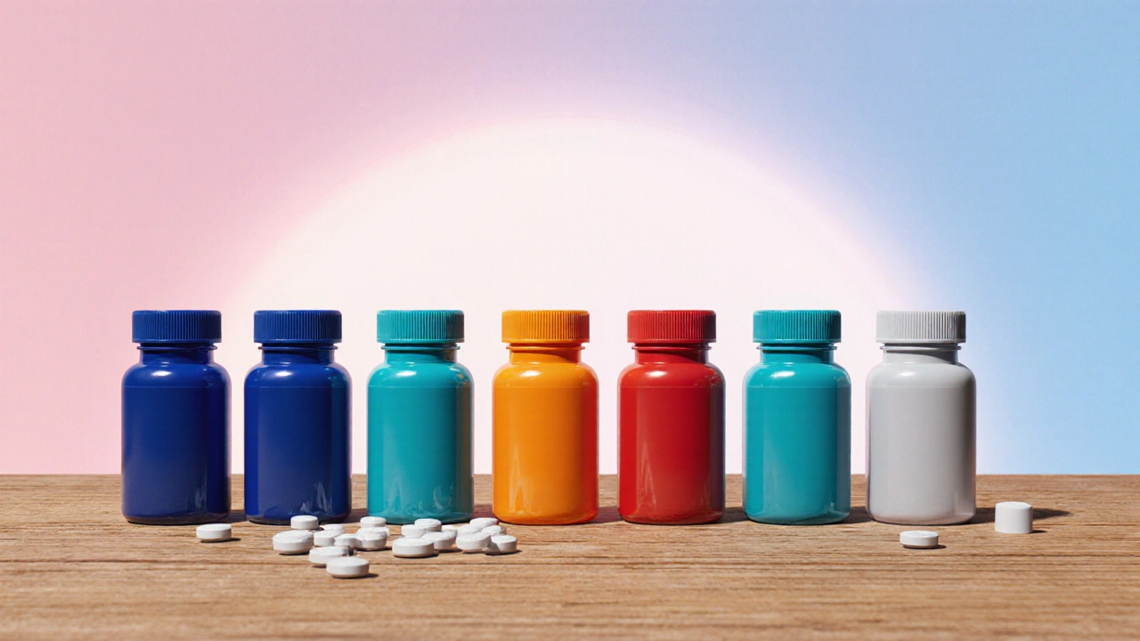 Lineup of six pill bottles with distinct brand colors on a wooden table.