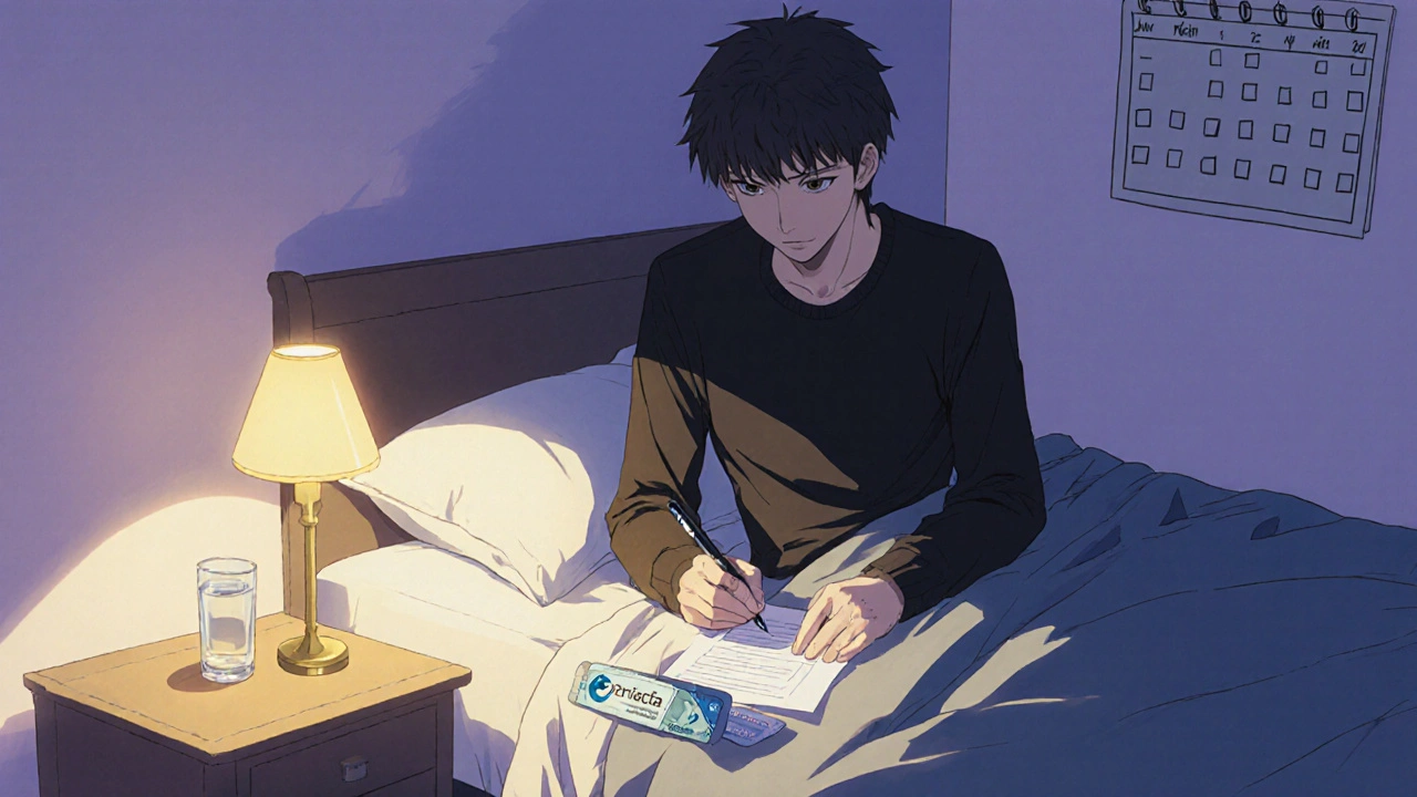 Man at bedside holding an Eriacta blister pack and a checklist under warm lamp light.