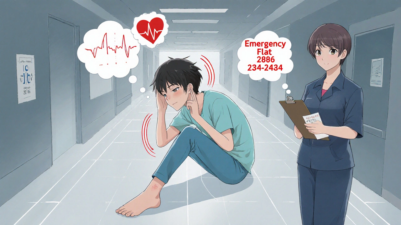 Patient feeling dizzy with swollen ankle while pharmacist points to emergency info.