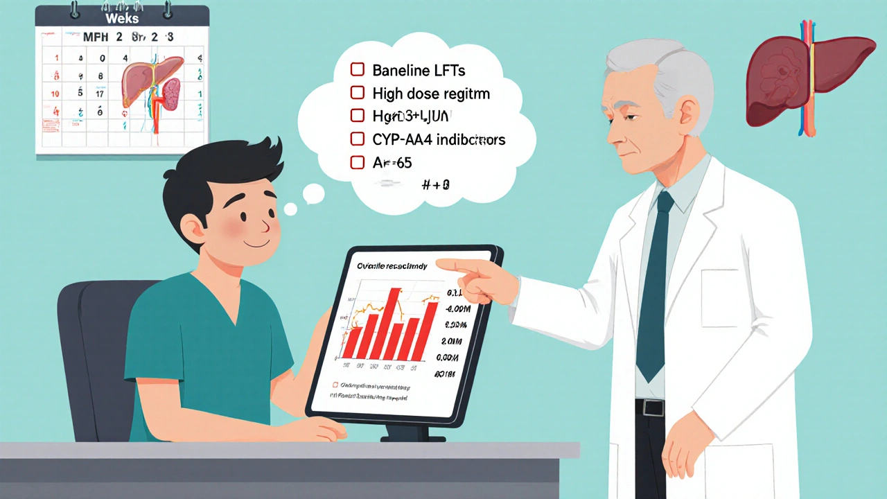 Patient looks at tablet showing elevated ALT/AST levels; doctor points to a checklist of risk factors.