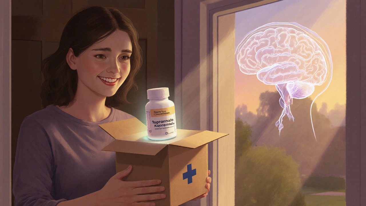 Patient opening a delivery box, revealing generic topiramate and feeling relief.