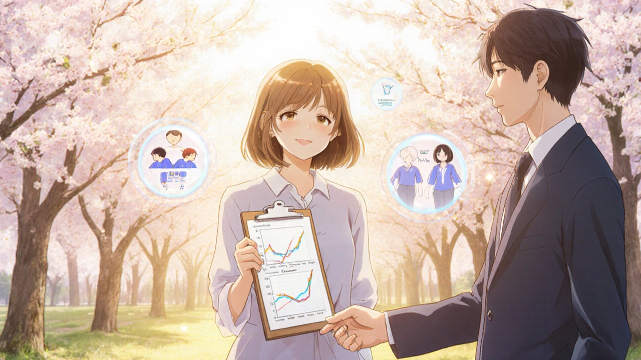 Patient smiling after successful Clozapine treatment, with doctor and lab results.