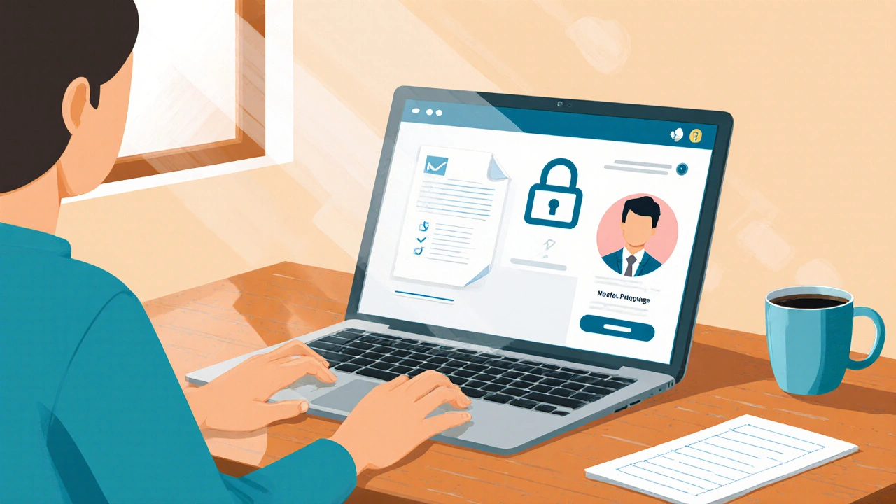 Person ordering medication online, laptop showing lock icon and pharmacist avatar.
