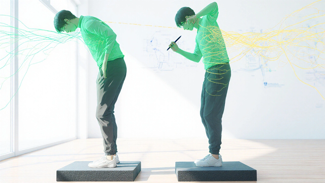 Person performing balance exercises on a foam pad with illustrated inner ear signals.