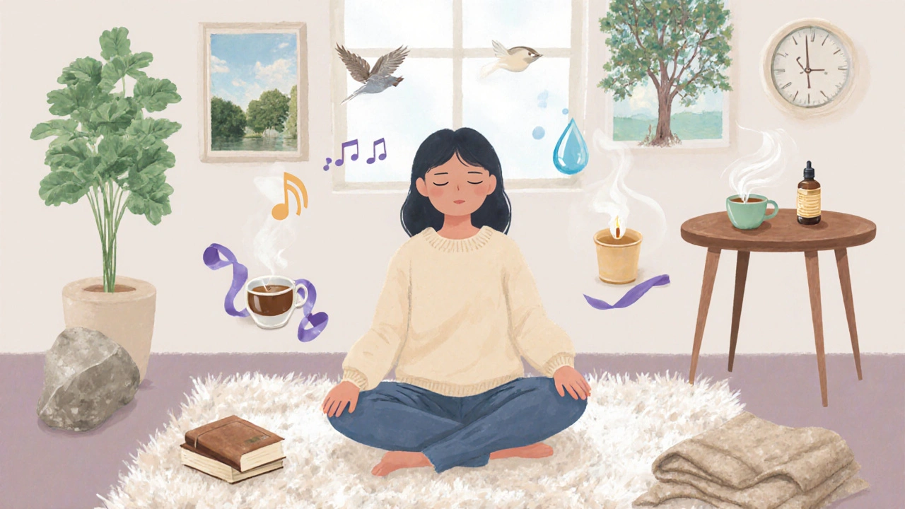 Person practicing 5‑4‑3‑2‑1 grounding surrounded by sensory cues.