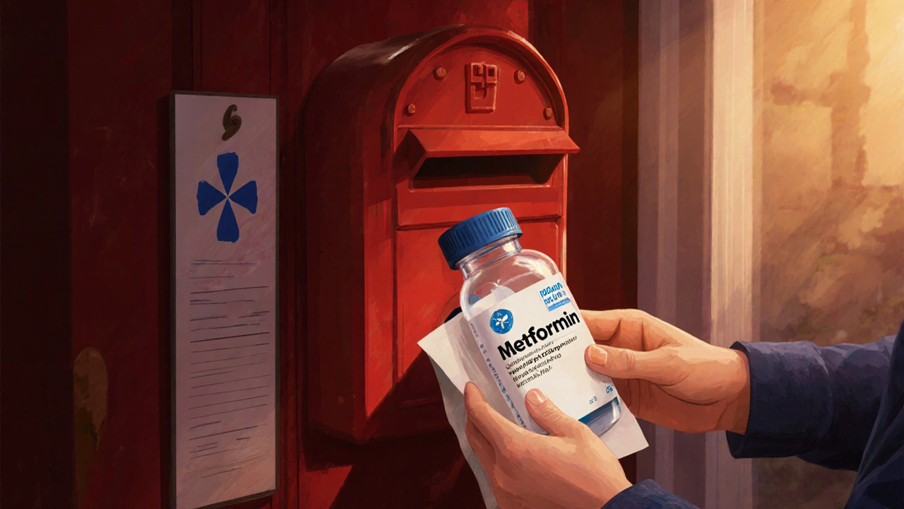 Person receiving a parcel with metformin pills at their front door.