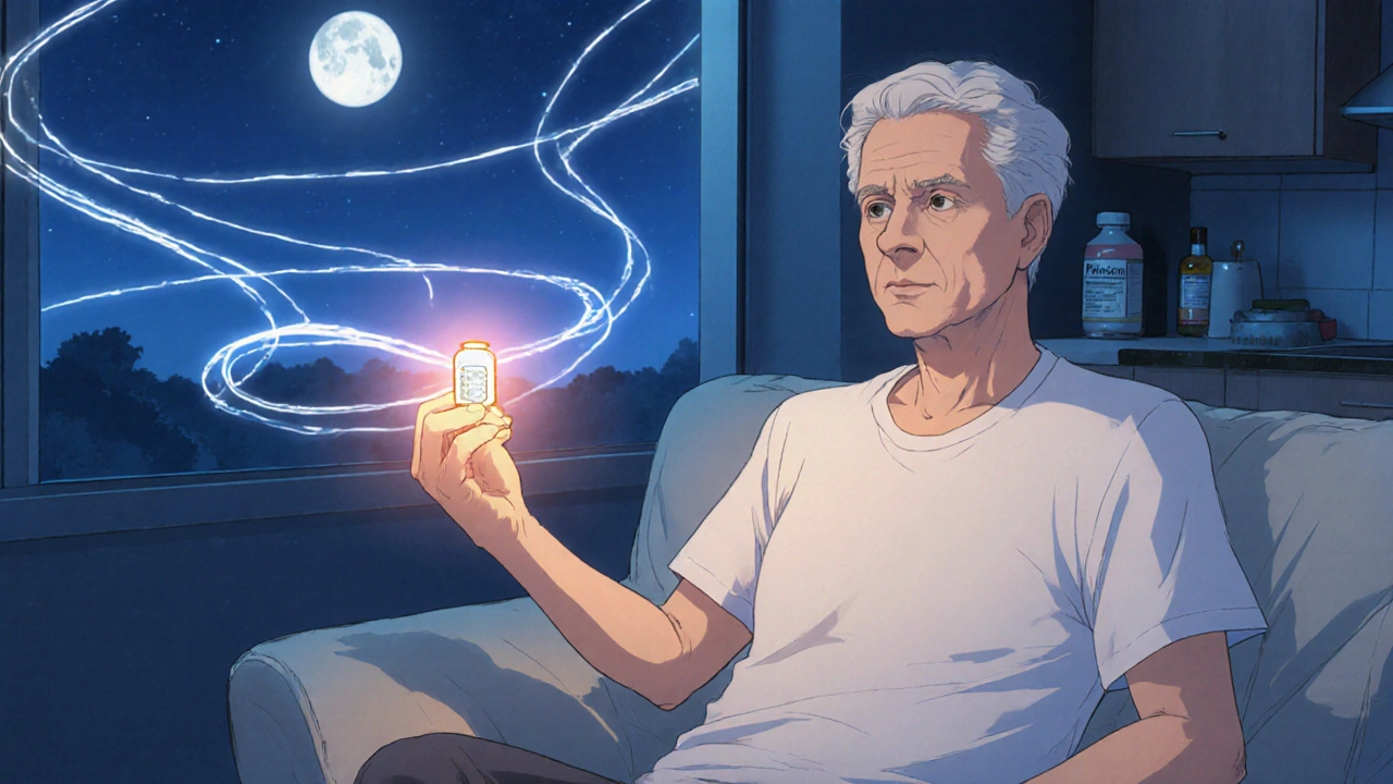 Person relaxing at home, holding a glowing piroxicam tablet with soft night light and soothing ribbons.