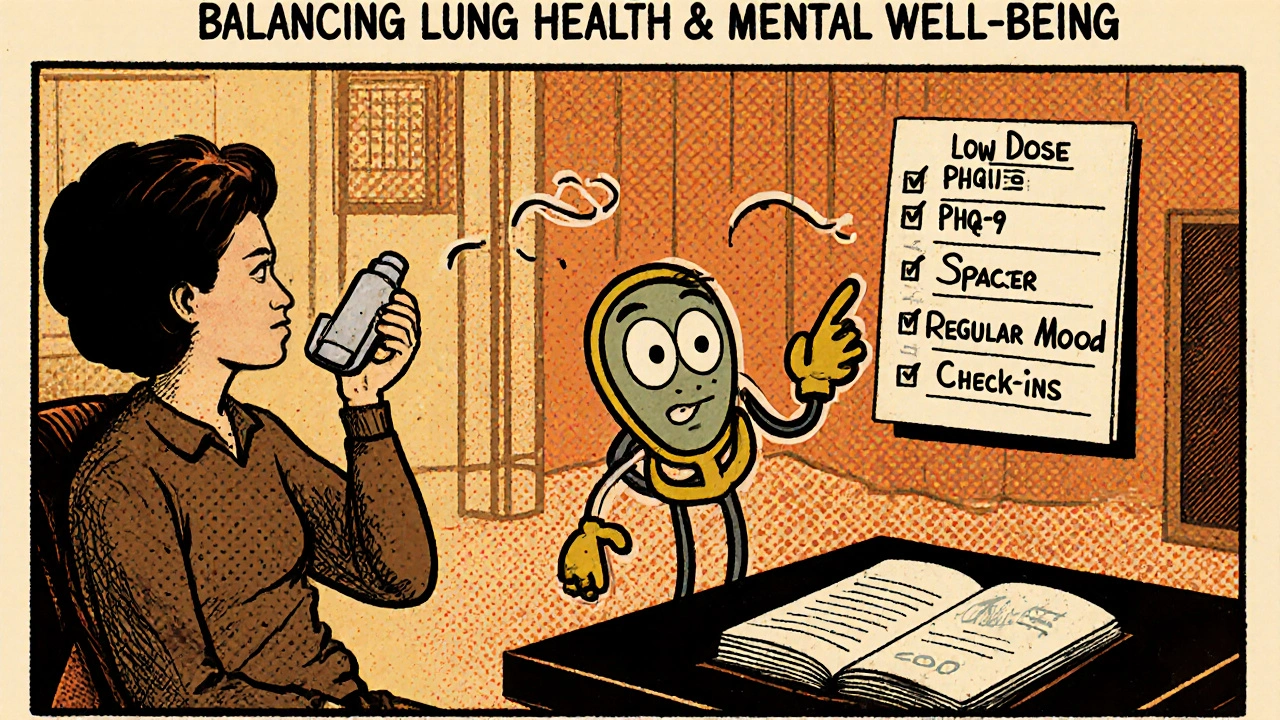 Person uses a spacer inhaler, fills out PHQ‑9, and writes in a journal in a hopeful comic scene.