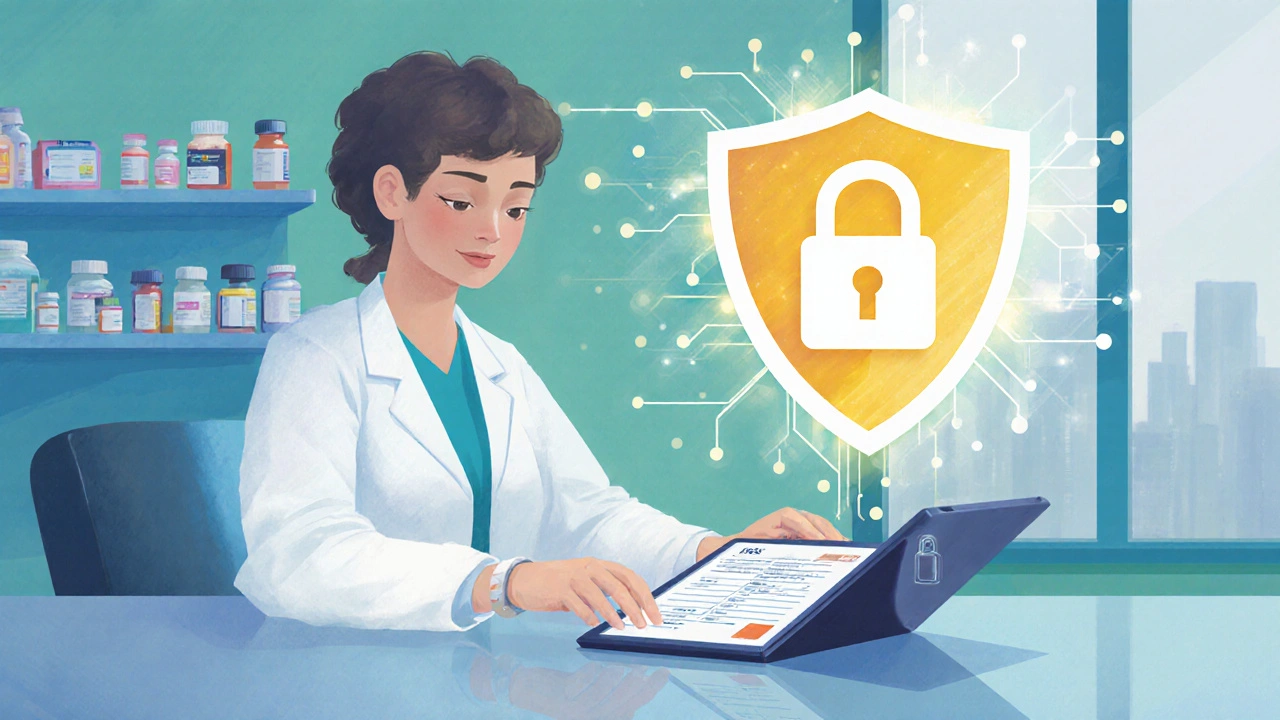 Pharmacist reviewing a prescription on a tablet with a digital security shield.