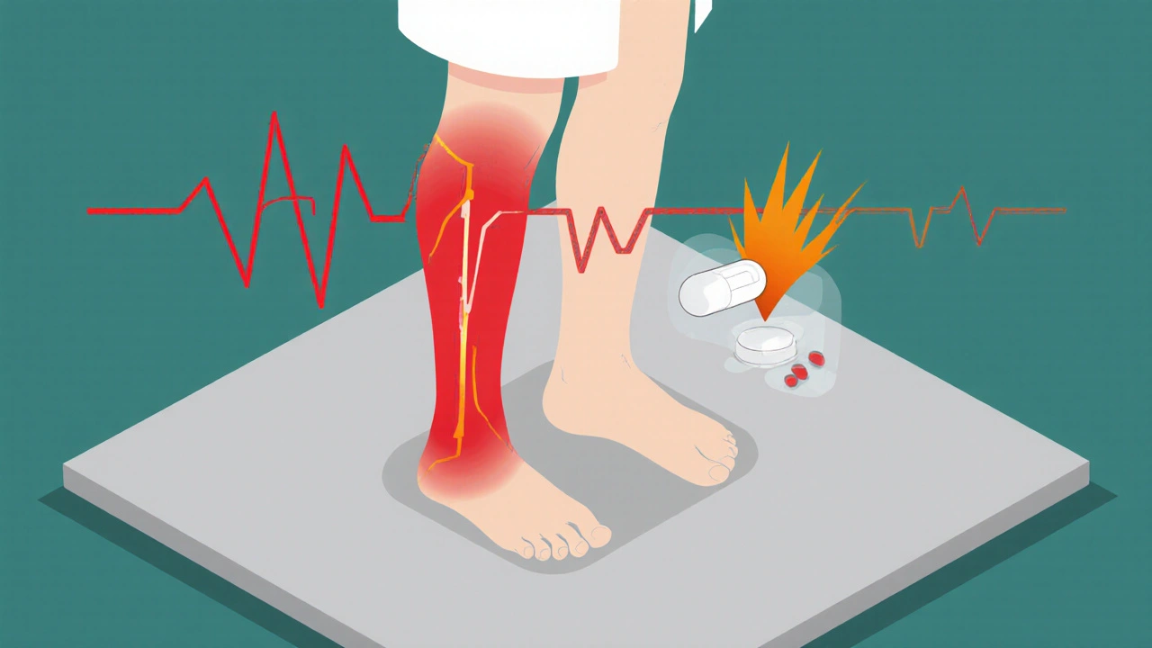 Silhouette of older patient highlighting Achilles tendon and prolonged QT ECG as fluoroquinolone risks.
