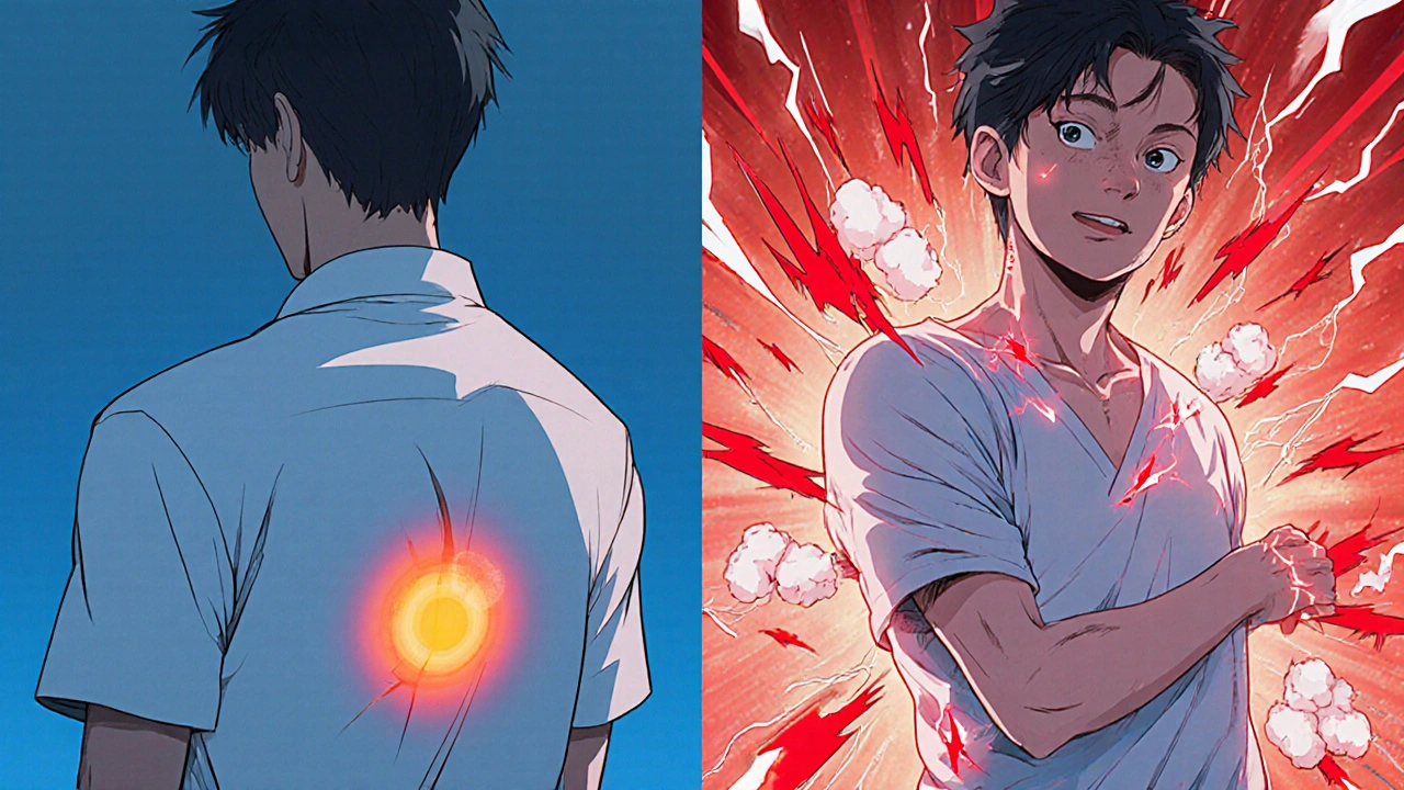 Split image showing localized pain vs. widespread pain sparks from increased opioid dose, illustrating OIH progression.