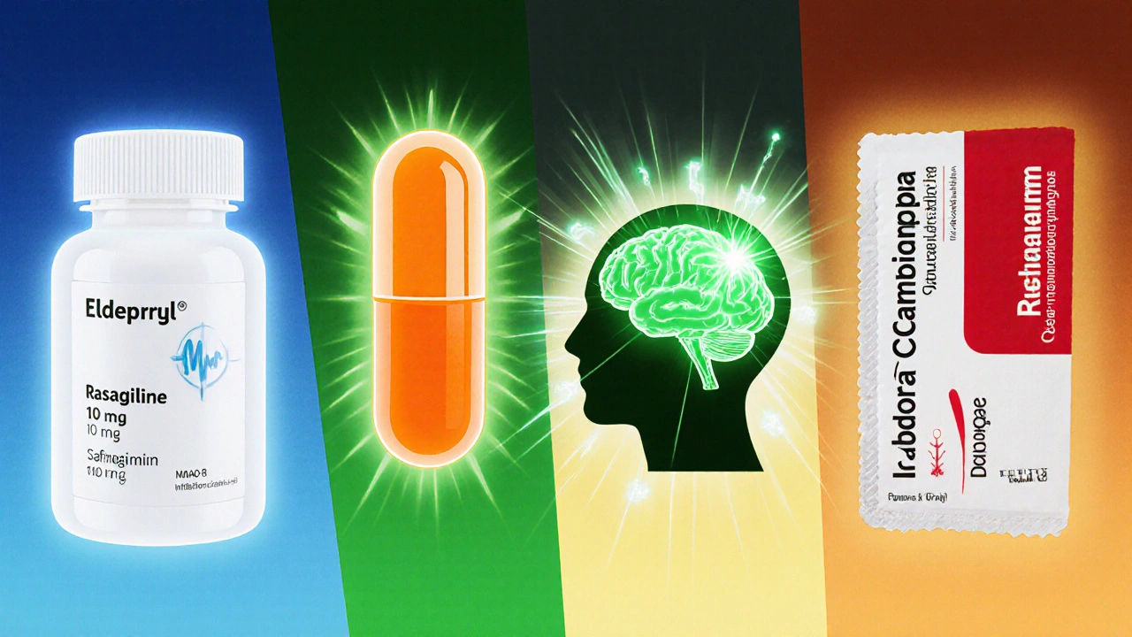 Split-screen anime illustration comparing Eldepryl, Rasagiline, Safinamide, and Levodopa/Carbidopa with brain overlays.