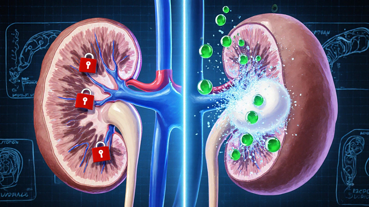 Split view of kidney showing Irbesartan blocking receptors and diuretic causing sodium loss, with potassium ions.