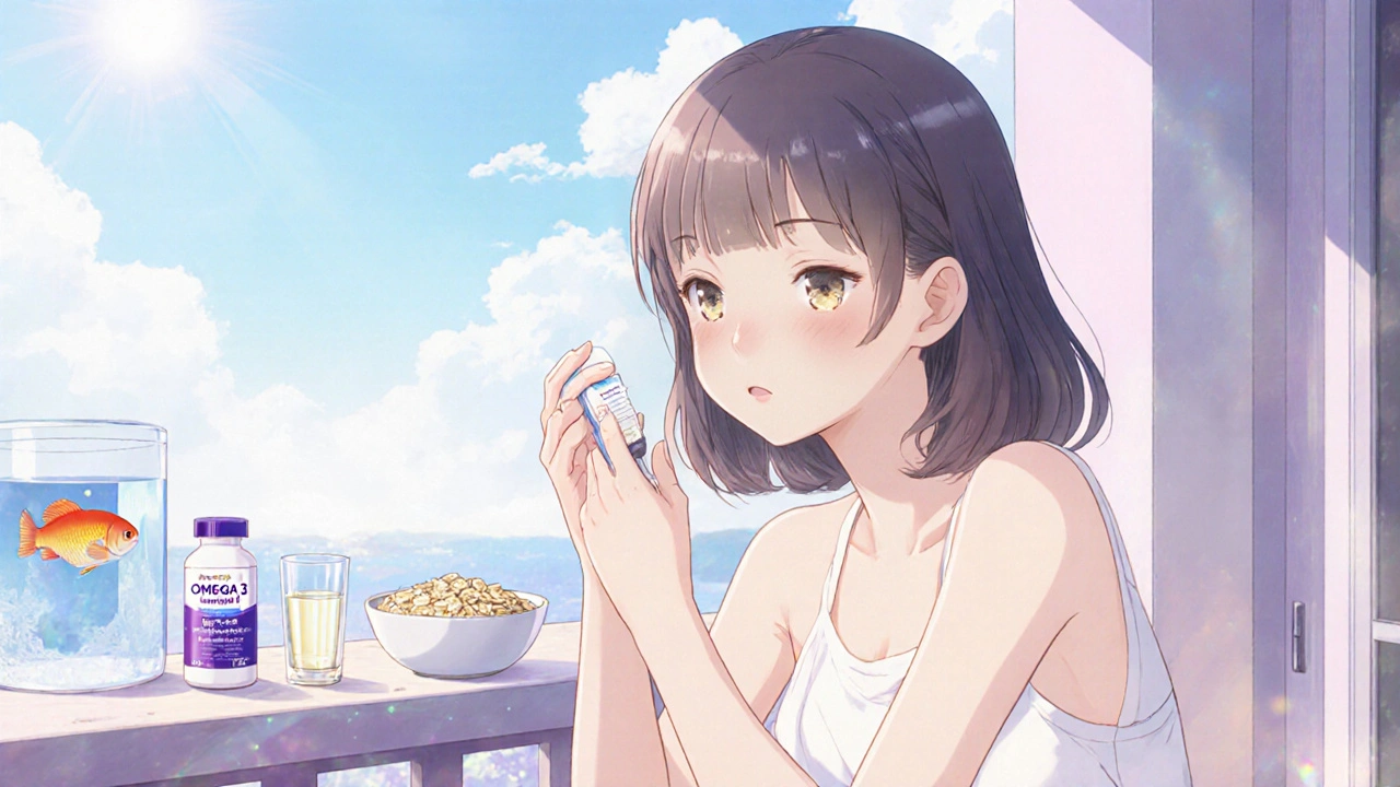 Teen applying moisturizer on a sunny balcony, surrounded by omega‑3 foods and vitamin D sunlight.