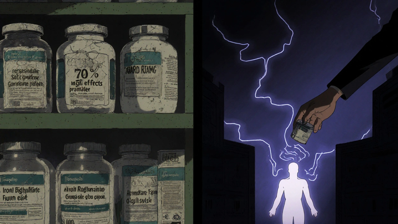 Two medical shelves: one with outdated iron pills, another with modern, glowing alternatives.