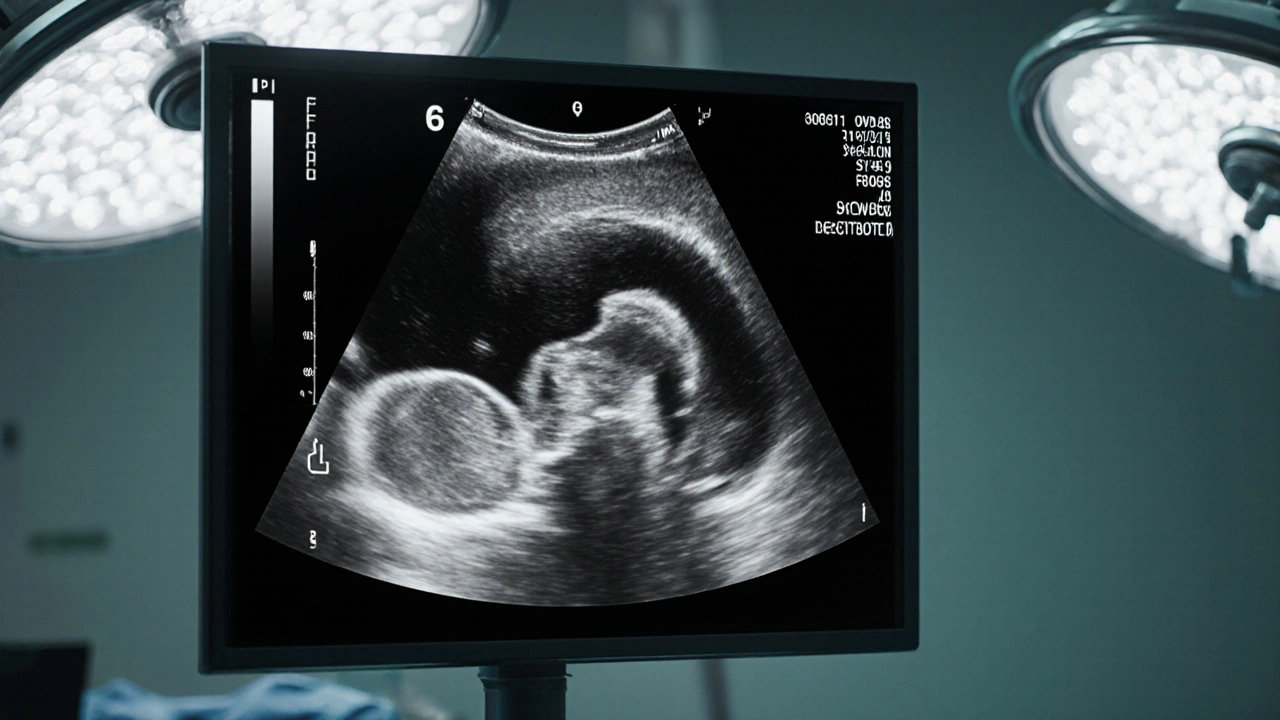 Ultrasound image showing a large gallstone inside the gallbladder.