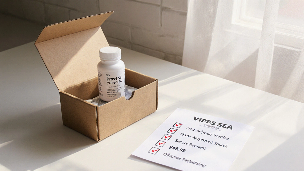 Unbranded delivery box opened to reveal a generic Provera bottle next to a completed safety checklist.