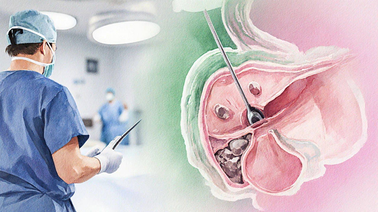 Watercolor scene of a laparoscopic surgery removing a gallbladder with stones.