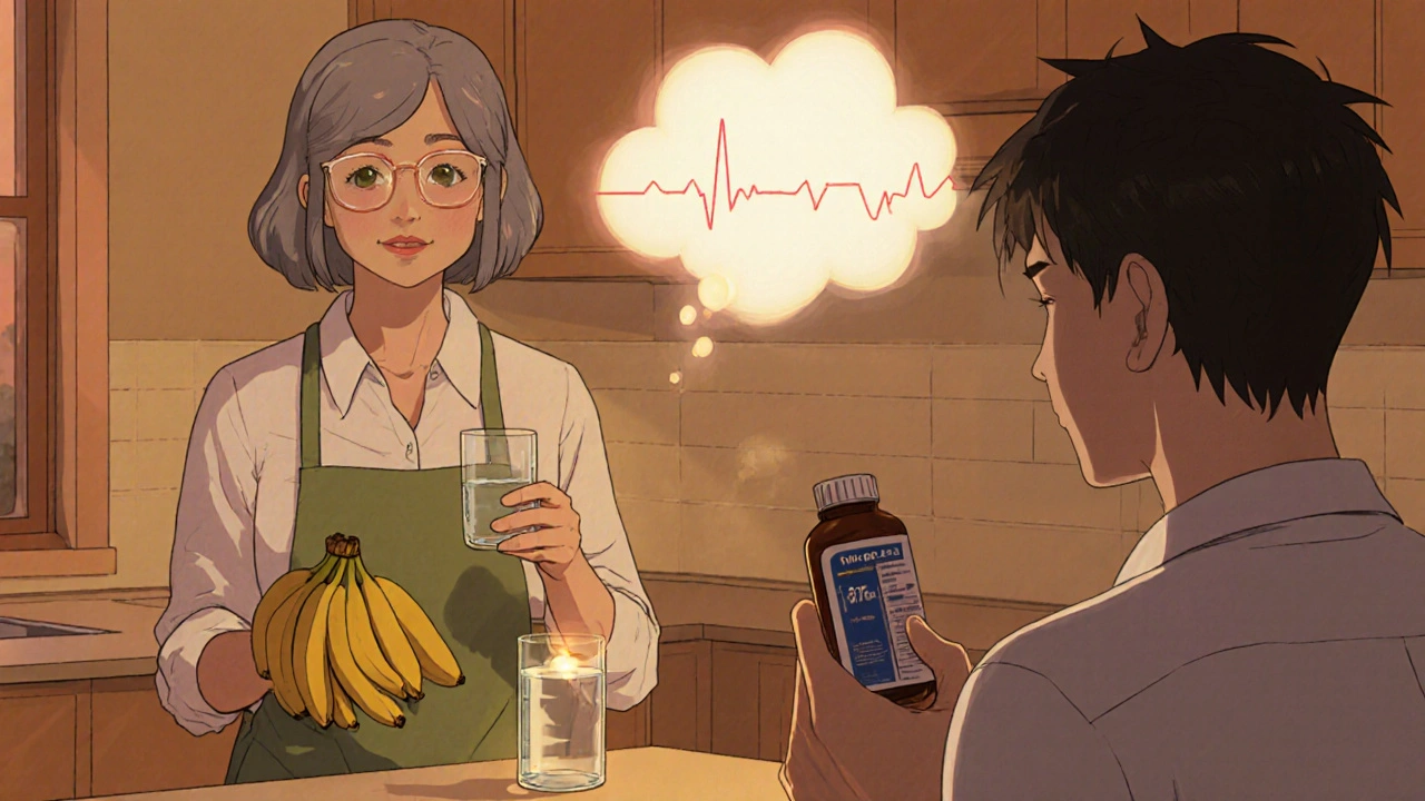 Woman holding bananas in kitchen, glowing vial of potassium; man with ibuprofen and pulsing potassium cloud.