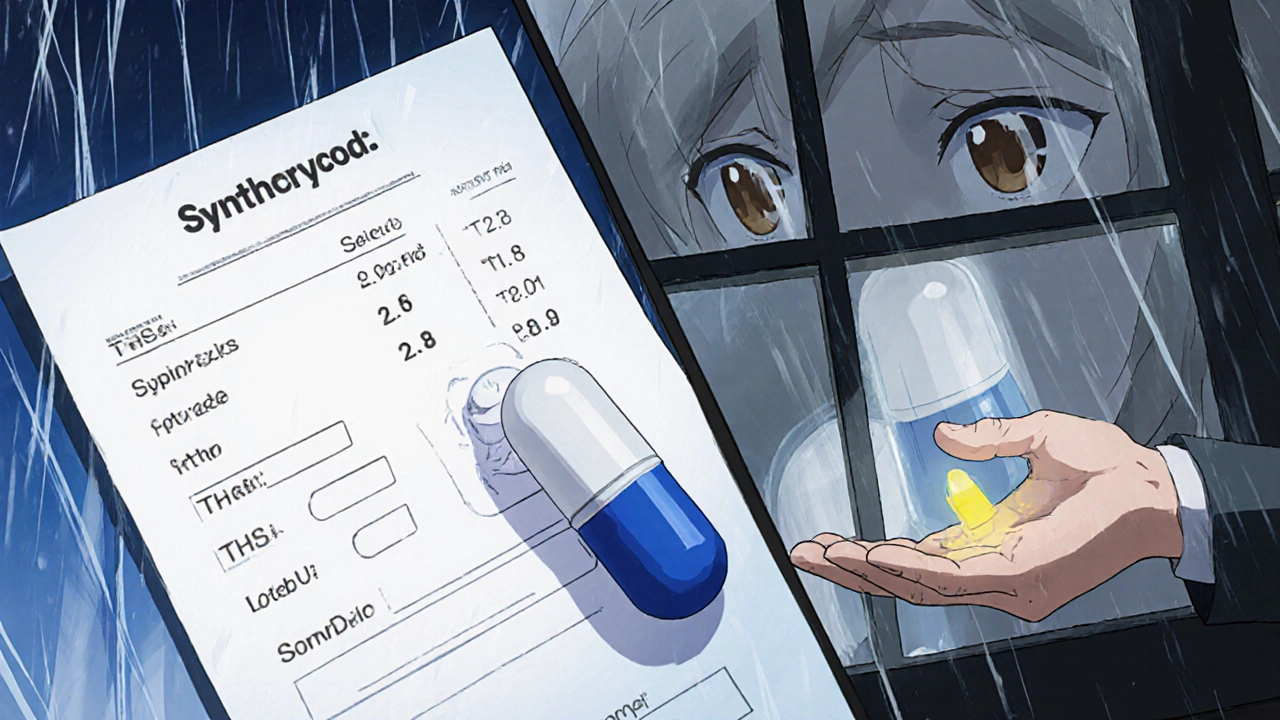 A blood test result showing elevated TSH levels next to a pharmacist handing a new generic pill.