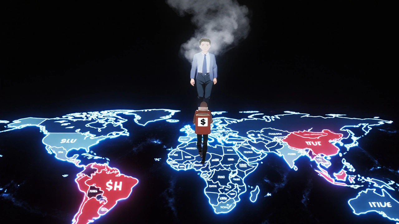 A global map shows drug prices in color, with a patient walking from high-cost U.S. to low-cost countries, while a corporate figure dissolves into smoke.