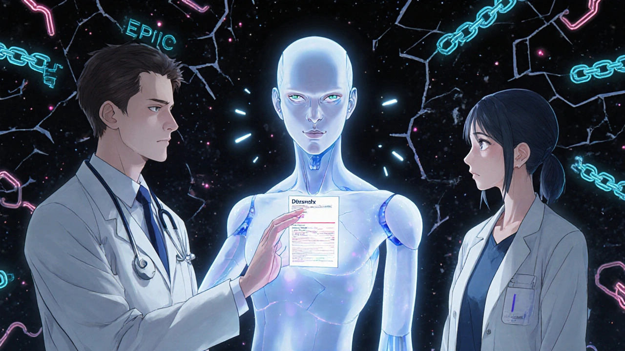 A glowing AI figure correcting a prescription error as fragmented health systems connect via FHIR data streams.